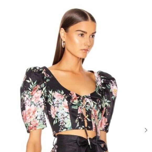 ZIMMERMANN Size 0 Bellitude Cropped Lace-up Floral Print Linen Top Shirt Blouse - Picture 12 of 12